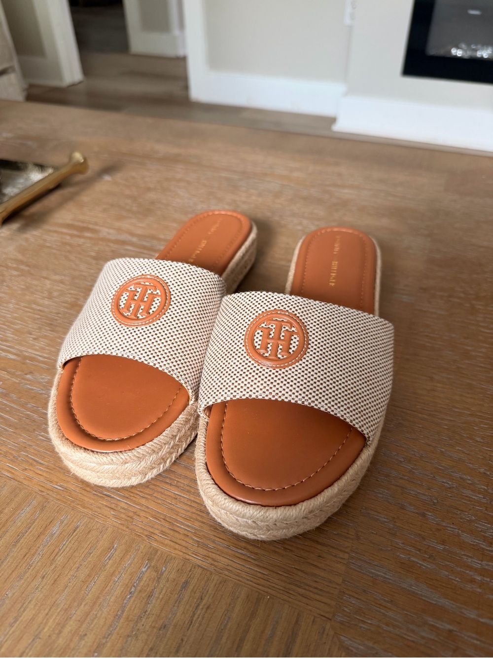 Tommy Hilfiger Beige Woven Slide Mules with Tan Footbed and Logo